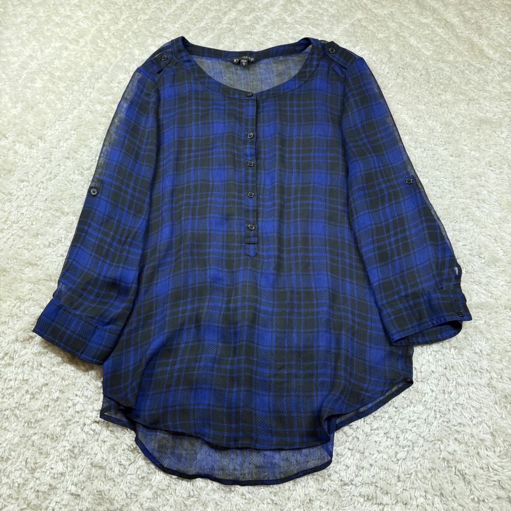 Express Shirt Women's Medium Blue Black Plaid Button Sheer Roll Tab Office